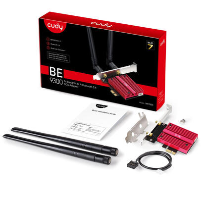cudy-adaptador-de-red-pcie-tribanda-wifi-7-be9300-bluetooth-54-disipador-termico-negrorojo