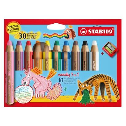 stabilo-woody-3-en-1-30-aniversario-unicornio-y-tigre-pack-de-10-lapices-de-colores-sacapuntas-lapiz-de-color