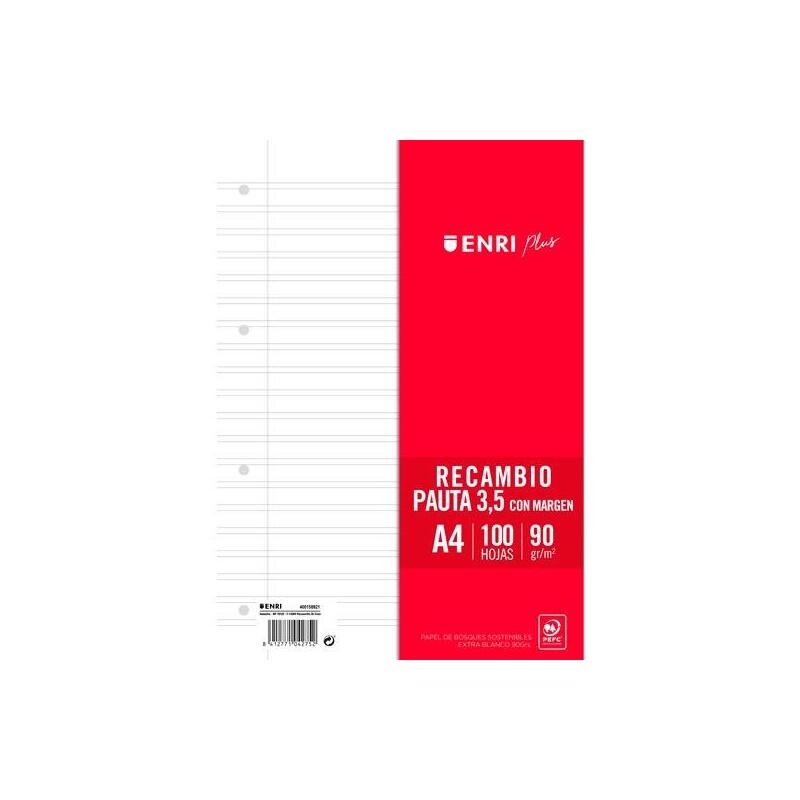 enri-recambio-plus-100h-a4-90gr-pauta-35-cmargen-4-taladros-blanco