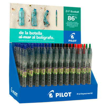 pilot-expositor-60-boligrafos-de-bola-retractiles-b2p-ecoball-begreen-10-b2p-gel-begreen