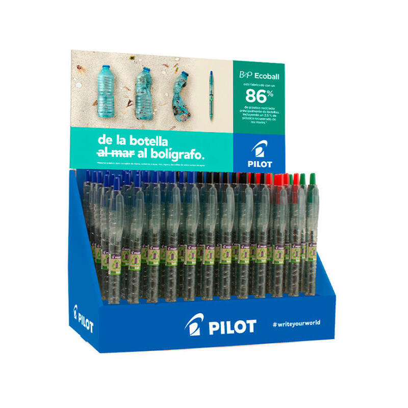 pilot-expositor-60-boligrafos-de-bola-retractiles-b2p-ecoball-begreen-10-b2p-gel-begreen