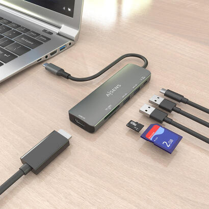 aisens-usb-c-dock-6-en-1-usb-c-a-1xhdmi-2xusb-a-1xusb-c-pd-100w-1xsd-1xmicro-sd-gris-15cm