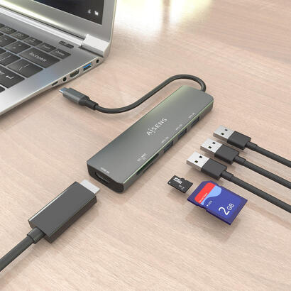 aisens-usb-c-dock-6-en-1-usb-c-a-1xhdmi-3xusb-a-1xsd-1xmicro-sd-gris-15cm