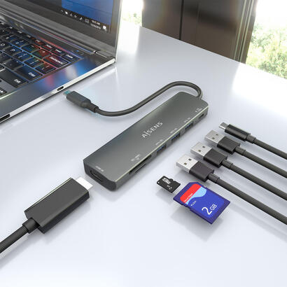 aisens-usb-c-dock-7-en-1-usb-c-a-1xhdmi-3xusb-a-1xusb-c-pd-100w-1xsd-1xmicro-sd-gris-15cm