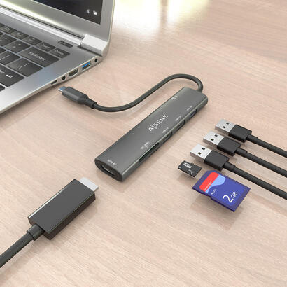 aisens-usb-c-dock-7-en-1-usb-c-a-1xhdmi-2xusb-a-usb20-1xusb-a-usb30-1xusb-c-pd-100w-1xsd-1xmicro-sd-gris-15cm