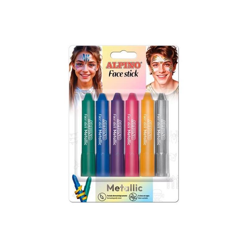 alpino-fiesta-face-stick-metallic-pack-con-6-barritas-de-pintura-facial-sistema-retractil-giratorio-se-lava-con