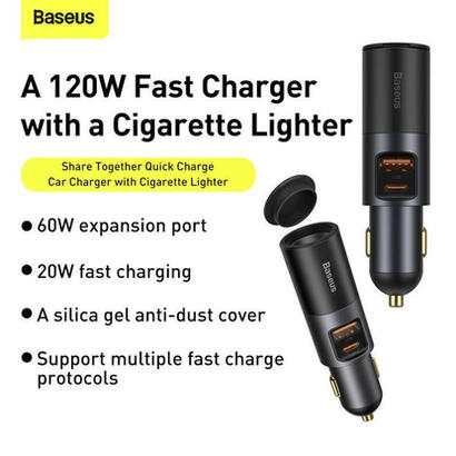baseus-share-together-fast-z-gniazdem-zapalniczki-2x-usb-120w-szara baseus-share-together-fast-z-gniazdem-zapalniczki-2x-usb-120w-szara