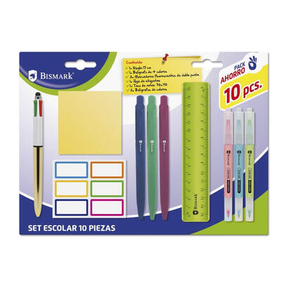 bismark-pack-escolar-con-regla-flexible-15cm-boligrafo-4-colores-3-marcadores-fluorescentes-doble-punta-taco-notas