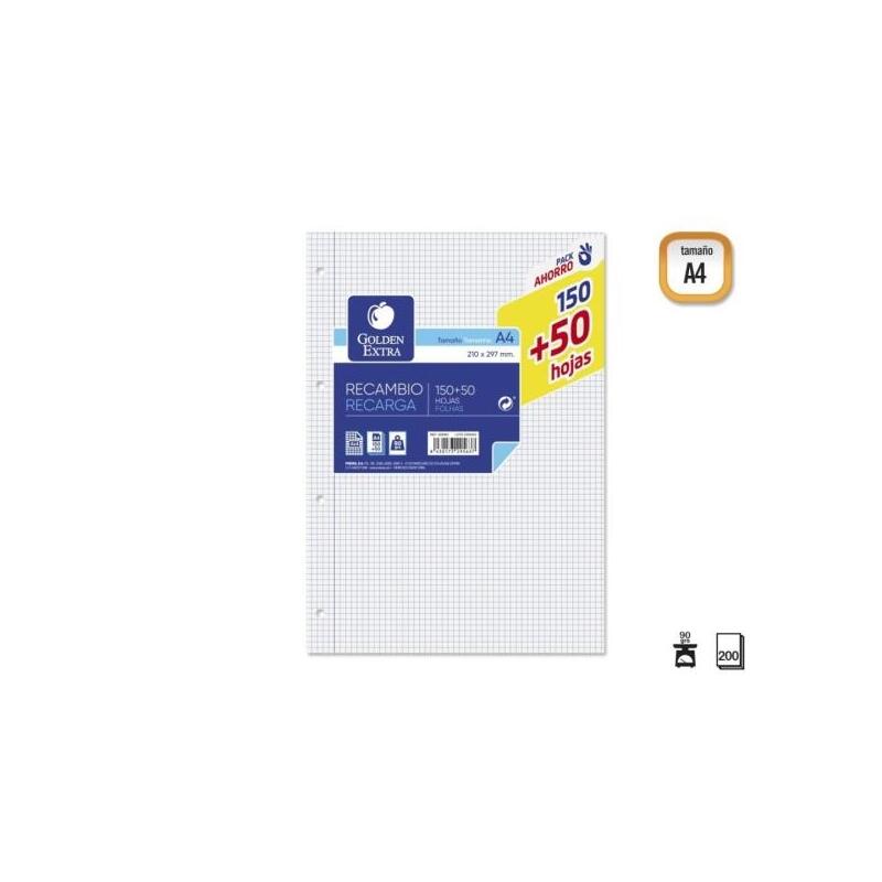 golden-extra-recambio-de-200-hojas-90gr-cuadricula-4x4-formato-a4-4-taladros