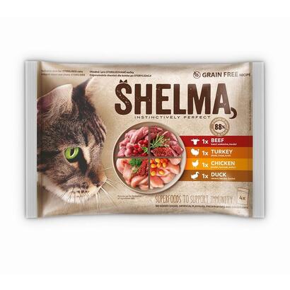 shelma-rich-in-chicken-turkey-beef-and-duck-comida-humeda-para-gatos-4x85g