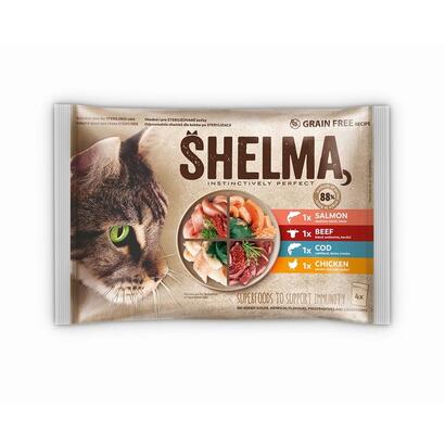shelma-rich-in-salmon-cod-beef-and-chicken-comida-humeda-para-gatos-4x85g