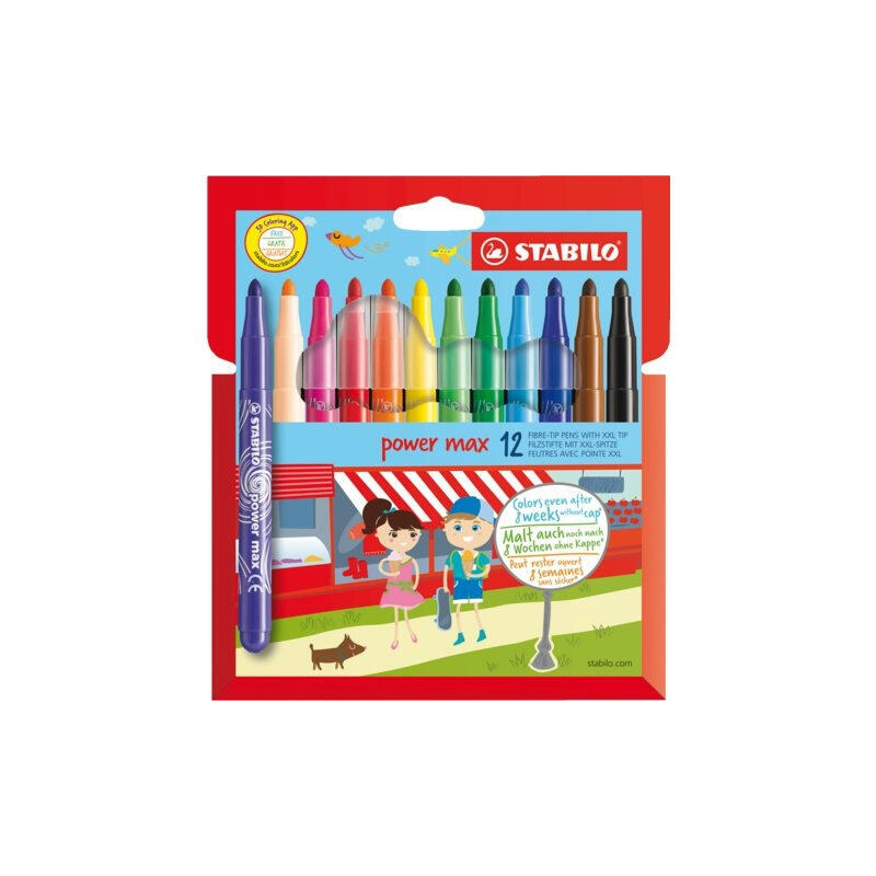 stabilo-power-max-pack-de-12-rotuladores-de-punta-gruesa-trazo-3mm-tinta-lavable-no-se-seca-colores-surtidos