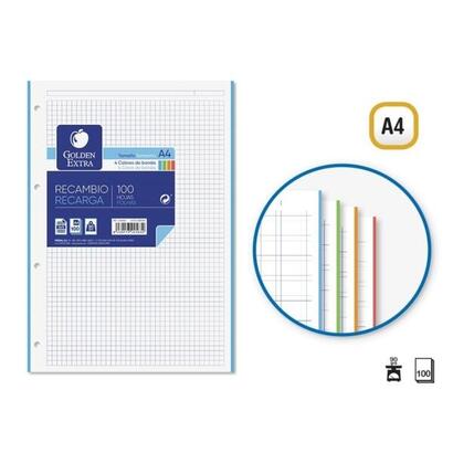pack-de-4-unidades-golden-extra-recambio-de-100-hojas-90gr-cuadricula-5x5-formato-a4-4-taladros-y-bandas-de-color