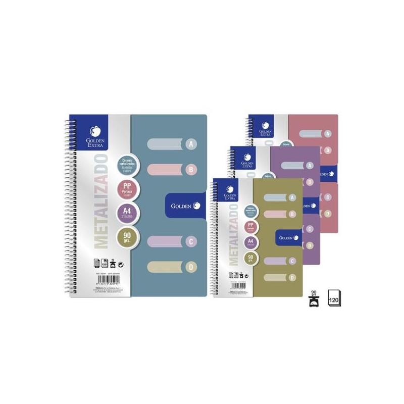 golden-pack-de-6-cuadernos-a4-120-hojas-90gr-cuadricula-5x5-4-separadores-tapa-polipropileno-colores-metalizados