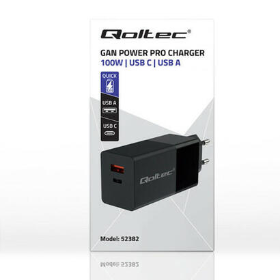qoltec-52382-gan-power-pro-charger-1xusb-tipo-c-1xusb-a-100w-5-20v-15-5a-pd-black