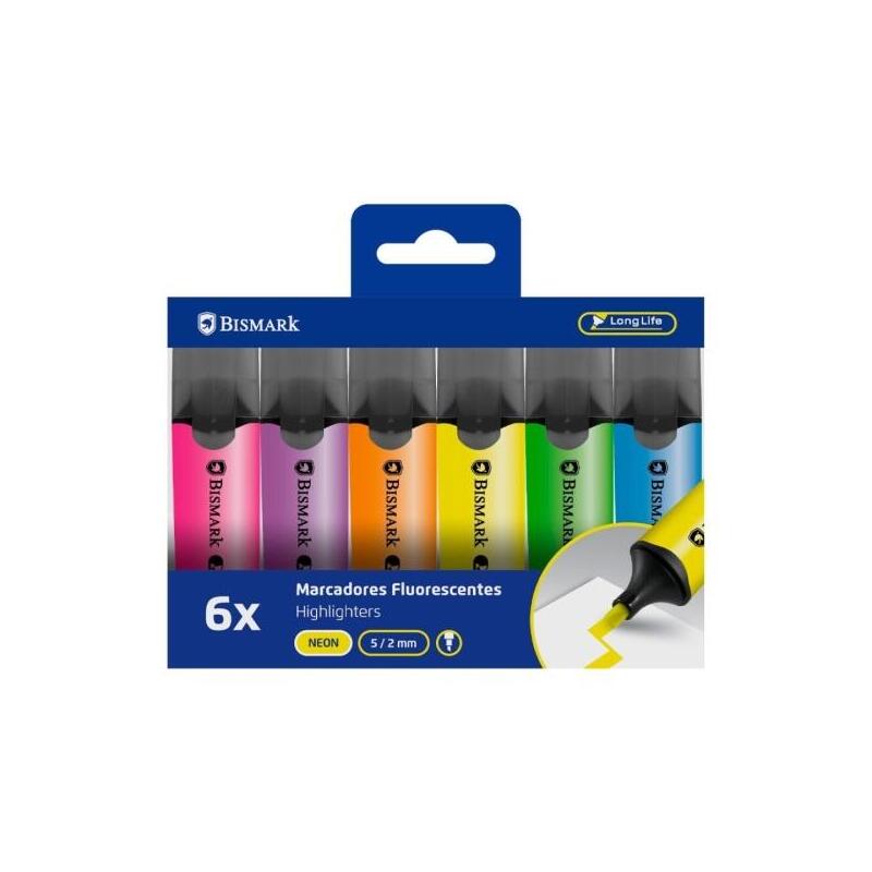 bismark-pack-de-6-marcadores-fluorescentes-punta-biselada-2-5mm-aprox-tinta-base-de-agua-larga-duracion-