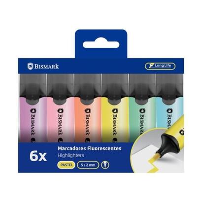 bismark-pack-de-6-marcadores-fluorescentes-punta-biselada-2-5mm-aprox-tinta-base-de-agua-larga-duracion-