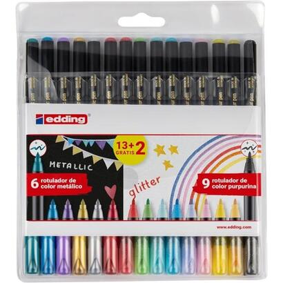edding-1200-metallic-and-glitter-pack-de-15-rotuladores-punta-redonda-trazo-metallic-1-3mm-glitter-3mm-tinta-con