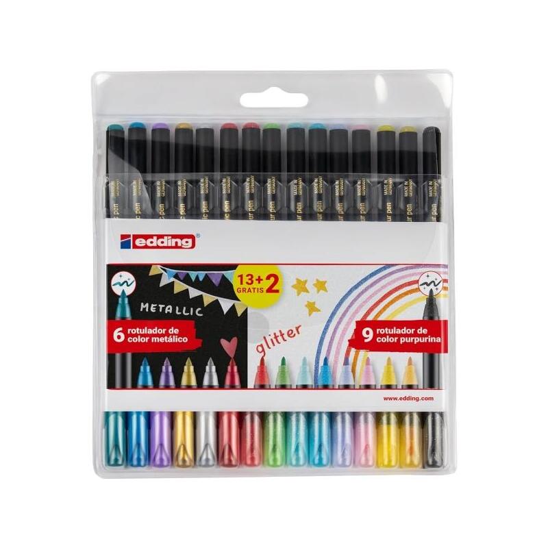 edding-1200-metallic-and-glitter-pack-de-15-rotuladores-punta-redonda-trazo-metallic-1-3mm-glitter-3mm-tinta-con