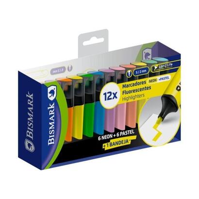 bismark-pack-de-12-marcadores-fluorescentes-punta-biselada-2-5mm-aprox-tinta-base-de-agua-larga-duracion-