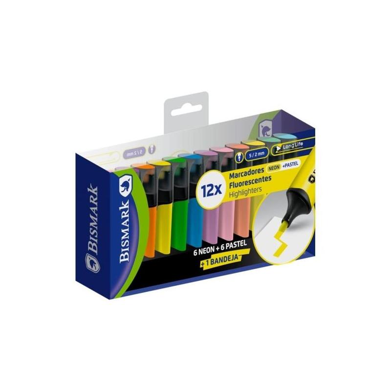 bismark-pack-de-12-marcadores-fluorescentes-punta-biselada-2-5mm-aprox-tinta-base-de-agua-larga-duracion-