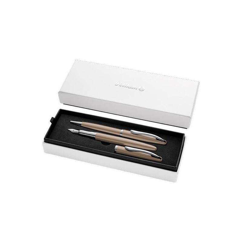 pelikan-set-boligrafo-estilografica-jazz-noble-elegance-tinta-azul-color-pardo-estuche-de-regalo