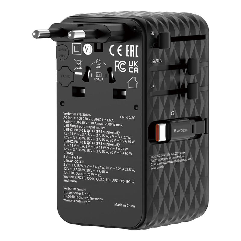 verbatim-charge-n-travel-70w-universal-negro-corriente-alterna-carga-rapida-interior