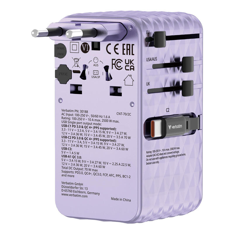 verbatim-charge-n-travel-70w-universal-purpura-corriente-alterna-carga-rapida-interior
