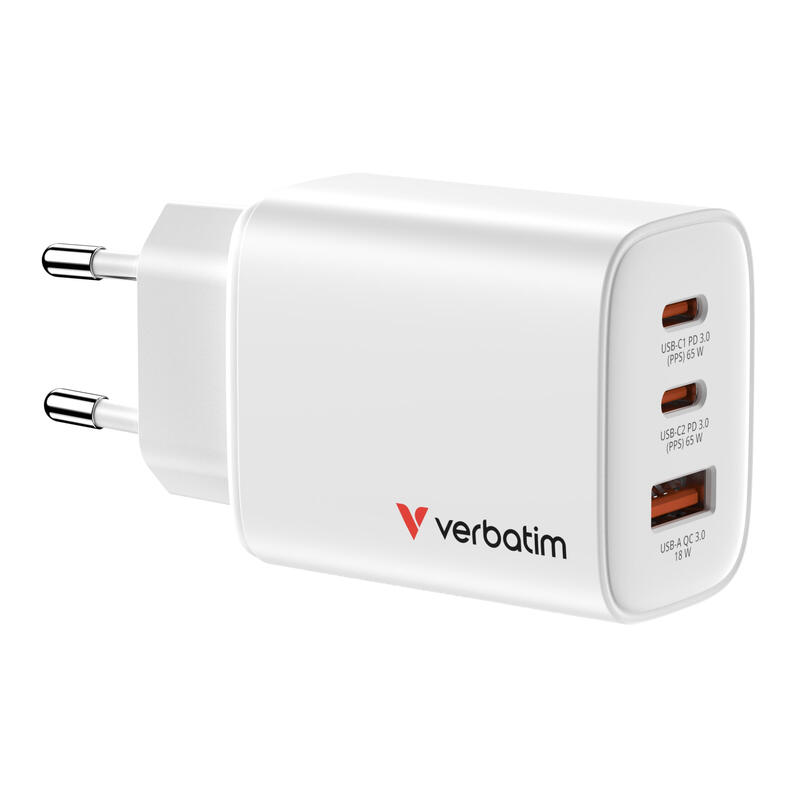 verbatim-gan-iii-essentials-charger-3-port-65w-usb-a-c-blanco