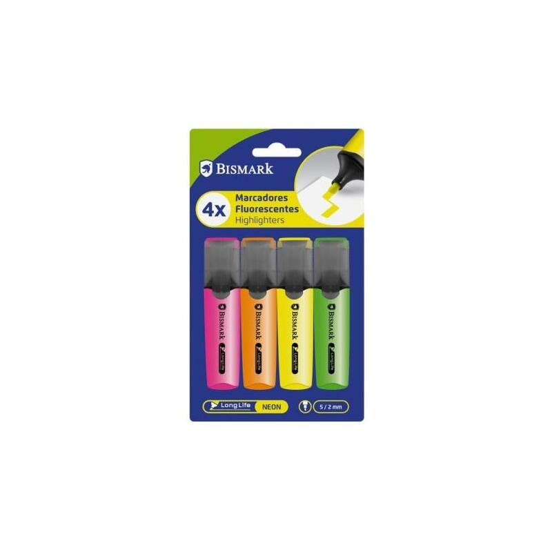 bismark-pack-de-4-marcadores-fluorescentes-punta-biselada-2-5mm-aprox-tinta-base-de-agua-larga-duracion-