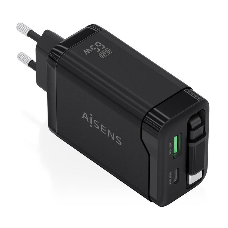 aisens-cargador-gan-65w-1xusb-c-cable-retractil-1xusb-c-pd30-1xusb-a-qc30-negro