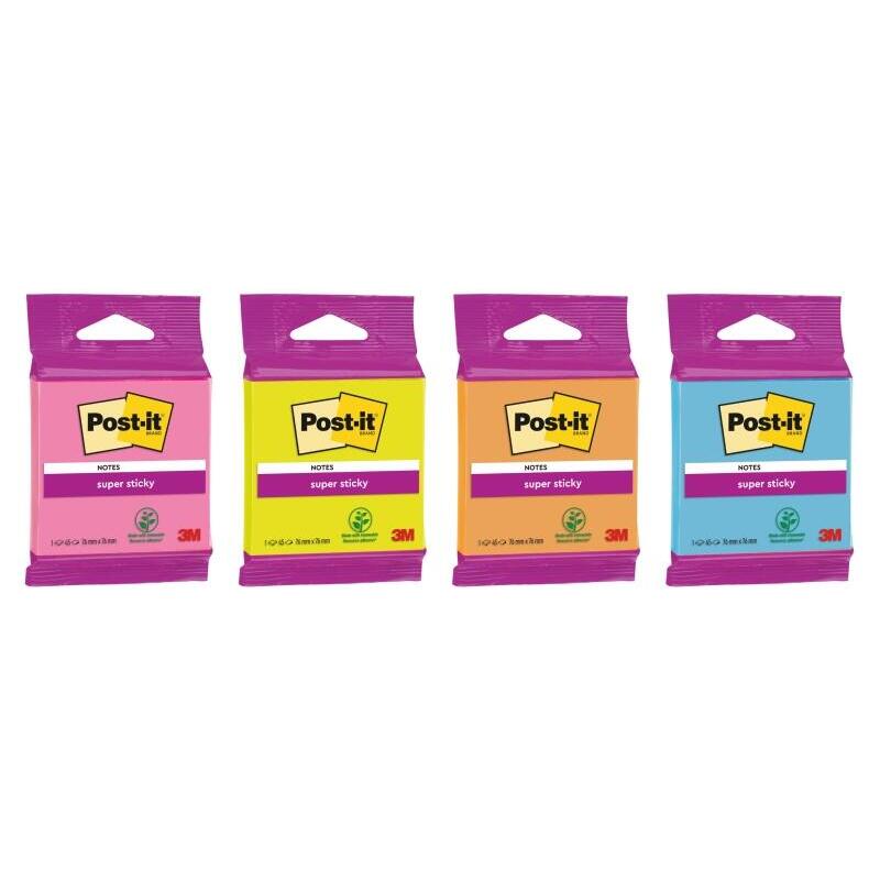 post-it-super-sticky-bloc-de-45-notas-adhesivas-reposicionables-forma-cuadrada-76x76mm-colores-surtidos