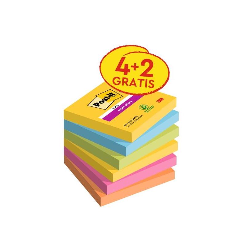 post-it-super-sticky-pack-de-6-blocs-de-90-notas-adhesivas-reposicionables-forma-cuadrada-76x76mm-colores-surtidos