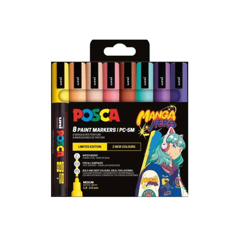 posca-manga-hero-edicion-limitada-pc-5m-pack-con-8-marcadores-de-pintura-punta-de-bala-18-25mm-tinta-base-al-agua