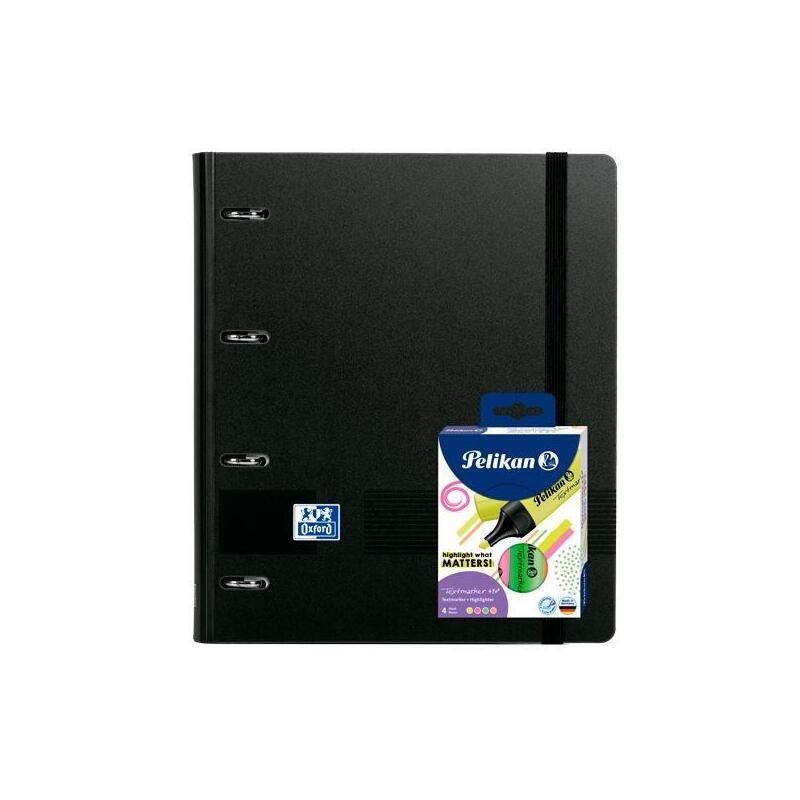 oxford-pack-europeanbinder-livego-a4-con-recambio-5x5-tapa-plastico-negra-4-resaltadores-textmarker-neon-surtidos