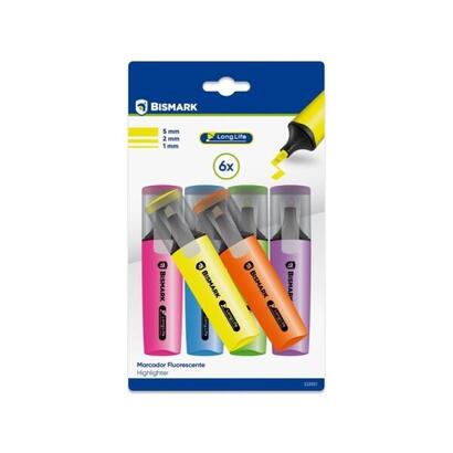 bismark-long-life-pack-de-6-marcadores-fluorescentes-neon-tinta-de-secado-rapido-punta-biselada-ideal-para