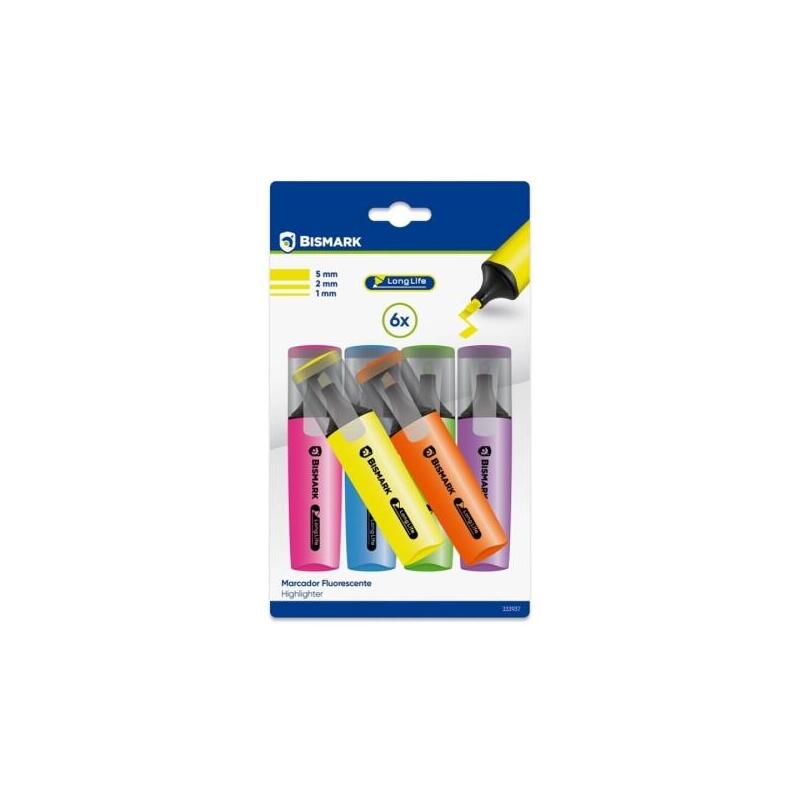 bismark-long-life-pack-de-6-marcadores-fluorescentes-neon-tinta-de-secado-rapido-punta-biselada-ideal-para