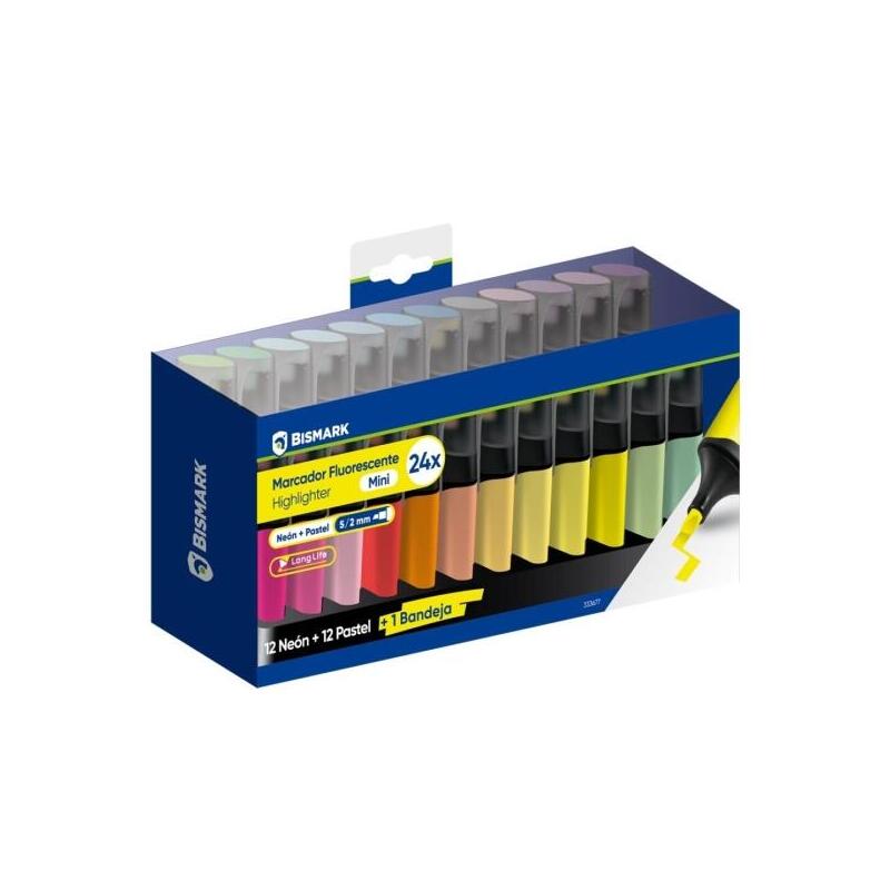 bismark-long-life-set-de-mesa-con-24-mini-marcadores-fluorescentes-12x-neon-y-12x-pastel-tinta-de-secado-rapido-