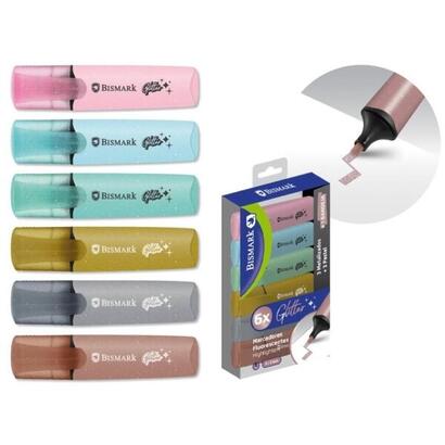 bismark-pack-de-6-marcadores-fluorescentes-glitter-3x-pastel-y-3x-metalizados-tinta-de-secado-rapido-punta
