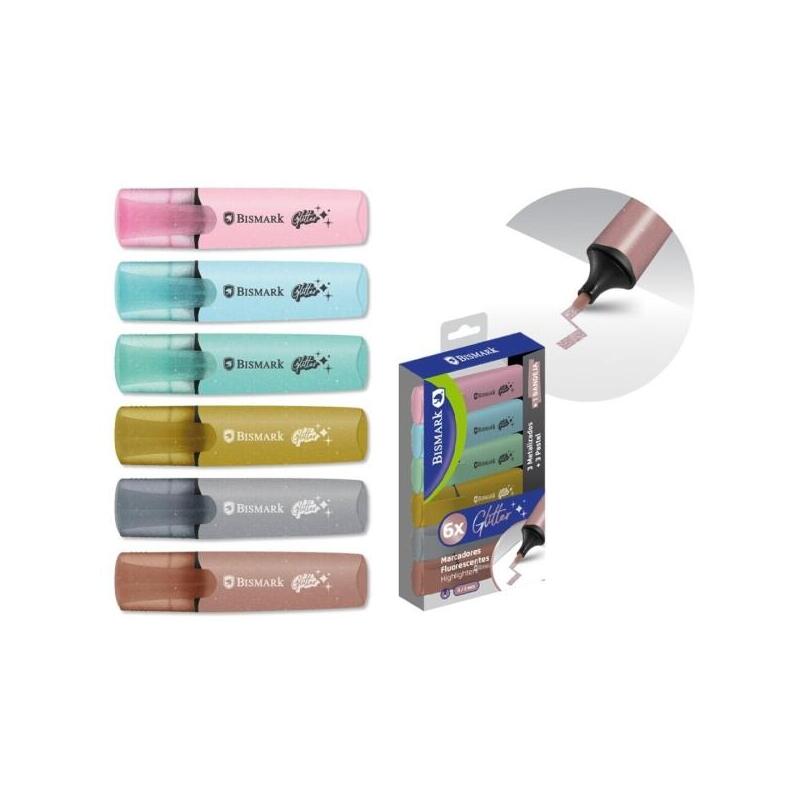 bismark-pack-de-6-marcadores-fluorescentes-glitter-3x-pastel-y-3x-metalizados-tinta-de-secado-rapido-punta