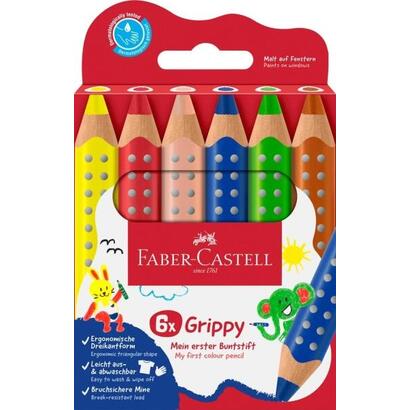 faber-castell-grippy-pack-con-6-lapices-de-colores-gruesos-mina-xxl-suave-forma-triangular-con-grip-colores-surtidos