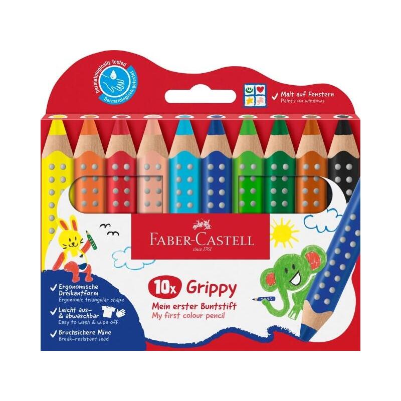 faber-castell-grippy-pack-con-10-lapices-de-colores-gruesos-mina-xxl-suave-forma-triangular-con-grip-colores