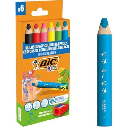 bic-kids-multisuperficie-pack-de-6-lapices-de-colores-sacapuntas-cuerpo-triangular-minas-borrables-en-superficies