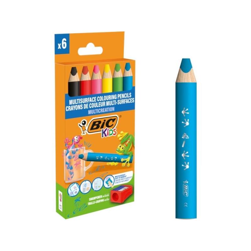bic-kids-multisuperficie-pack-de-6-lapices-de-colores-sacapuntas-cuerpo-triangular-minas-borrables-en-superficies