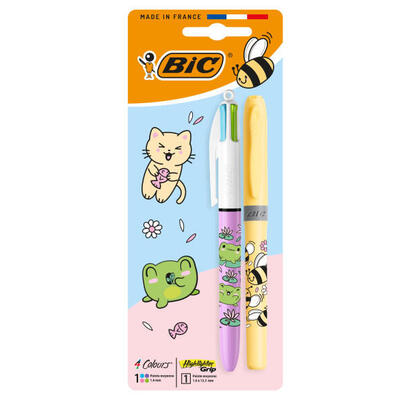 bic-4-colours-decors-kawaii-pack-con-1-boligrafo-de-bola-retractil-pastel-1-marcador-highlighter-grip-pastel-de-color