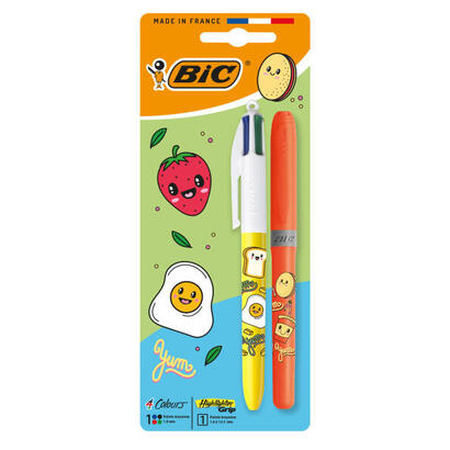 bic-4-colours-decors-kawaii-pack-con-1-boligrafo-de-bola-retractil-1-marcador-highlighter-grip-fluor-de-color