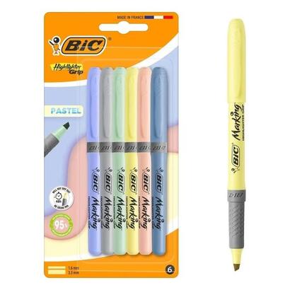 bic-highlighter-grip-pastel-pack-con-6-marcadores-fluorescentes-pastel-punta-biselada-trazo-entre-160-y-330-mm-