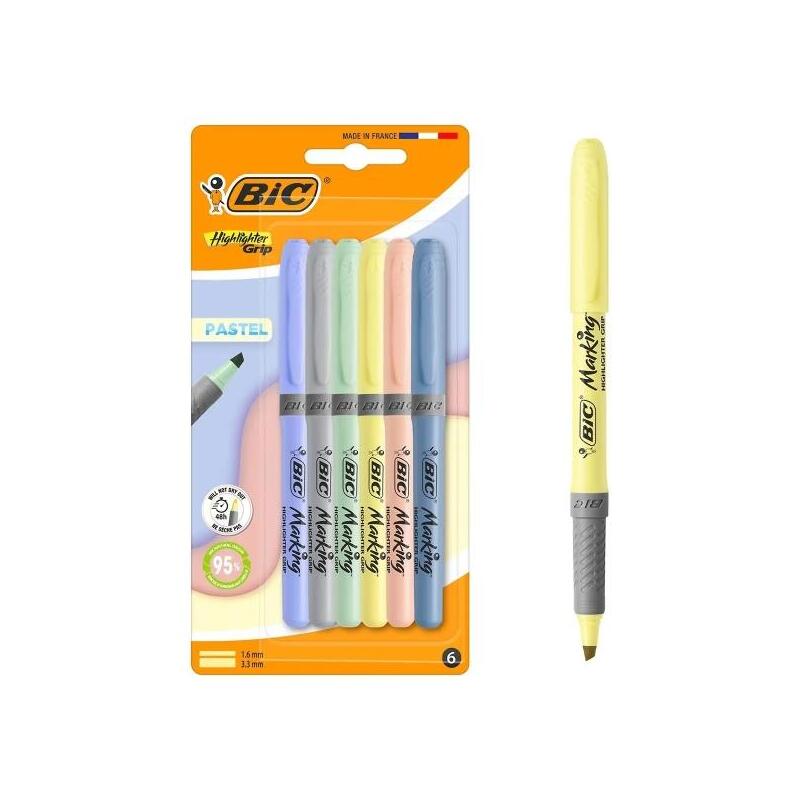 bic-highlighter-grip-pastel-pack-con-6-marcadores-fluorescentes-pastel-punta-biselada-trazo-entre-160-y-330-mm-