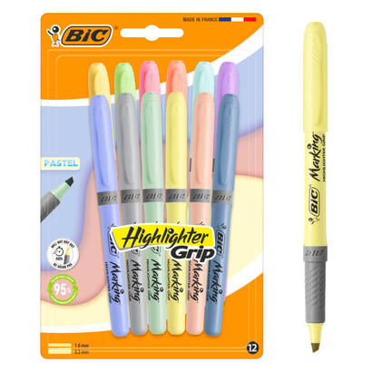 bic-highlighter-grip-pastel-pack-con-12-marcadores-fluorescentes-pastel-punta-biselada-trazo-entre-160-y-330-mm-