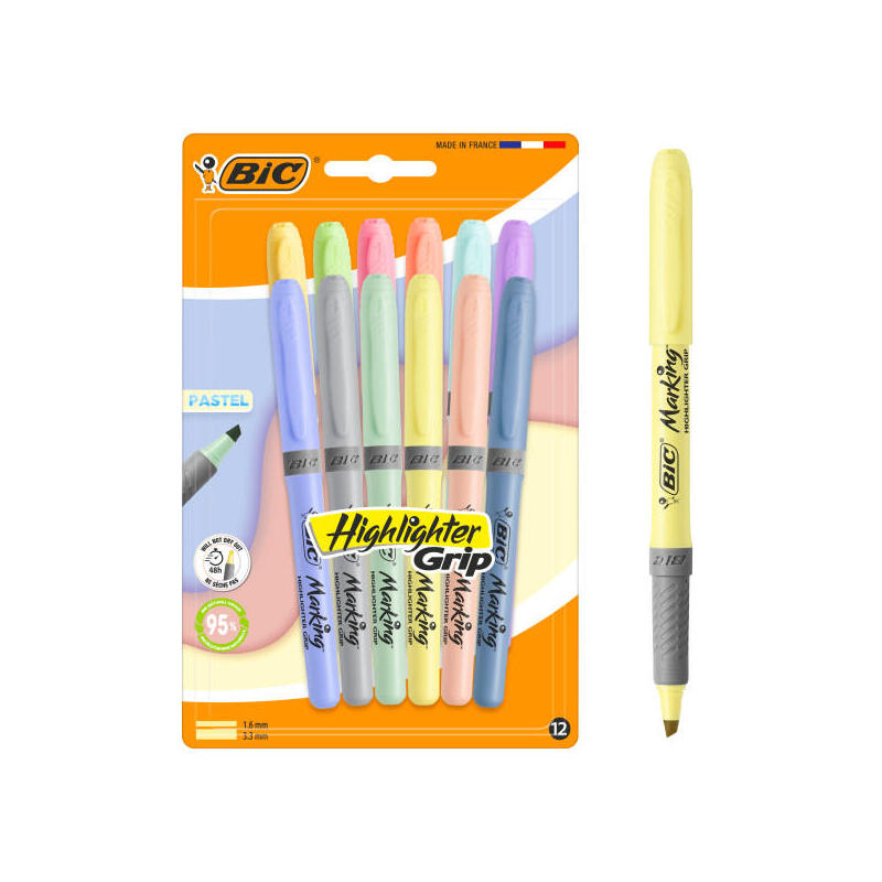 bic-highlighter-grip-pastel-pack-con-12-marcadores-fluorescentes-pastel-punta-biselada-trazo-entre-160-y-330-mm-